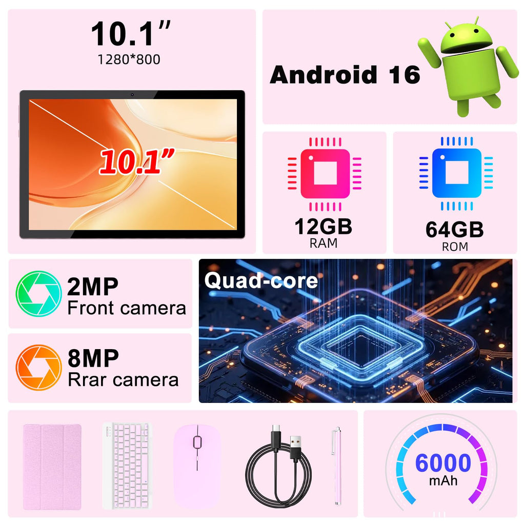 Android 16 10 Inch Tablet 12GB RAM 64GB ROM Pink Z353