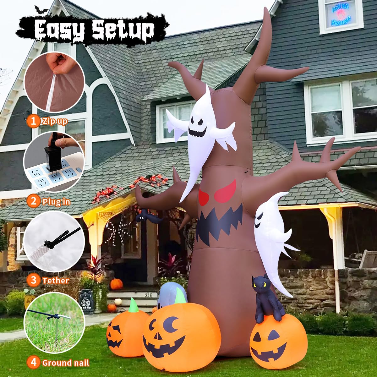 12 FT Halloween Inflatable Tree with Pumpkin Ghost Tombstone Built-in LEDs W33198