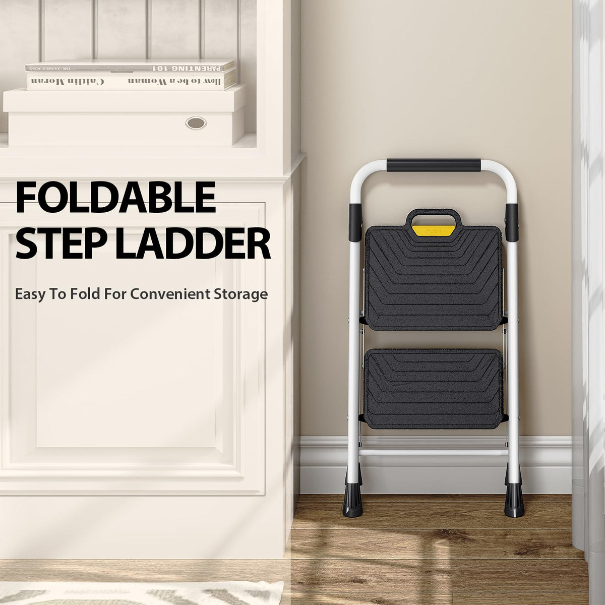 2 Step White Folding Ladder with Anti-Slip Pedals D89230