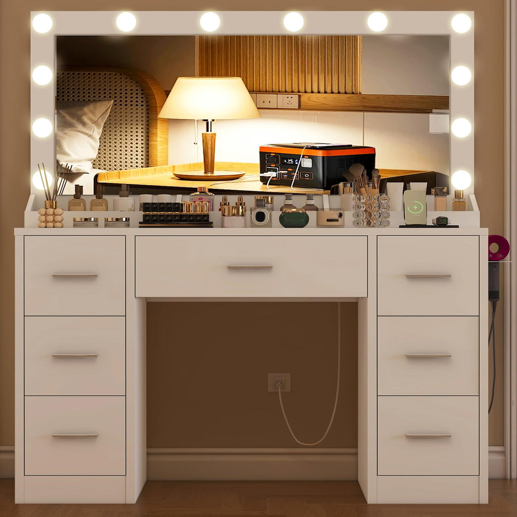 White Vanity Desk with 12 LED Lights and 7 Drawers Z927