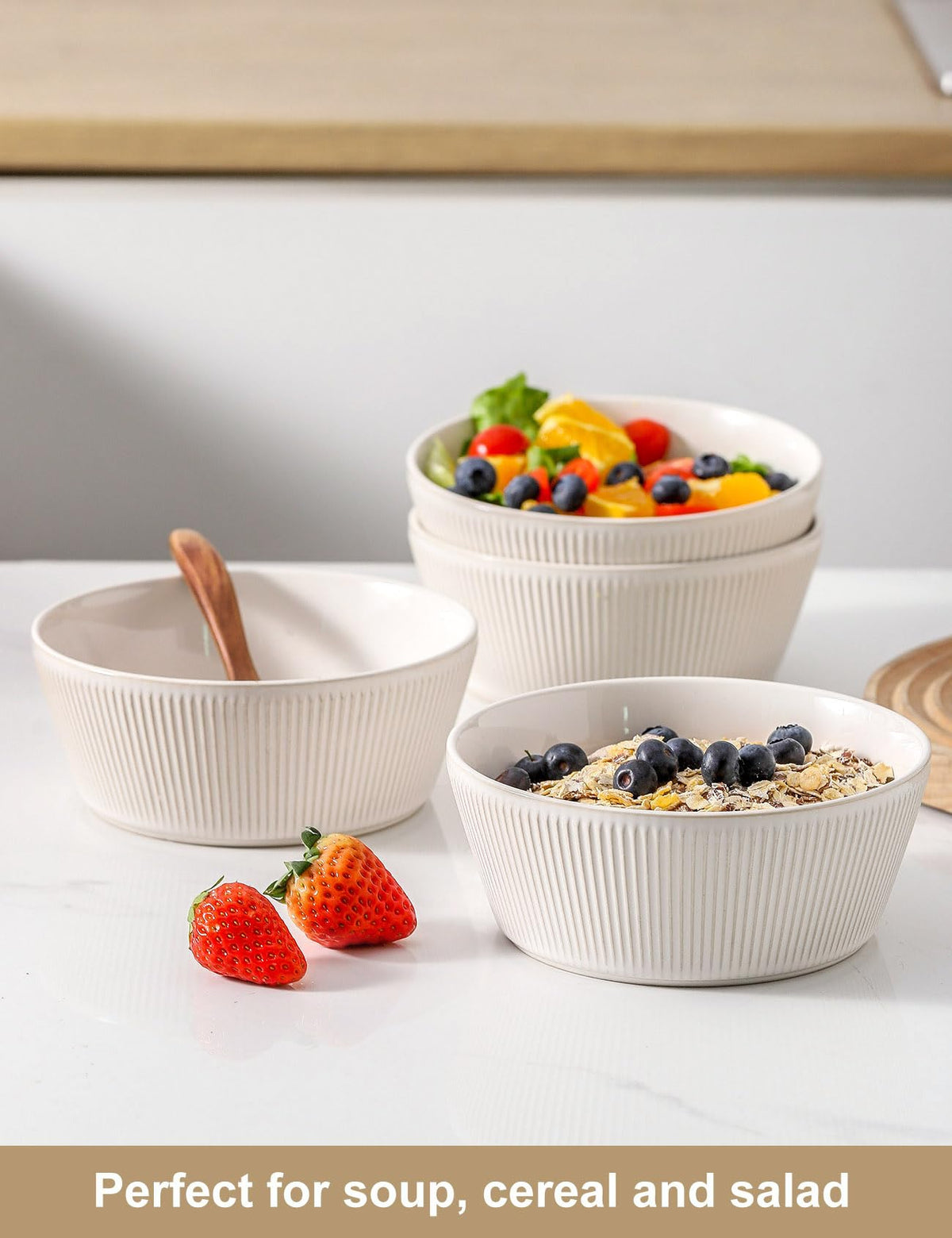 Ceramic Soup Bowls Set of 4, 6.3 inch Microwave Safe White M8625
