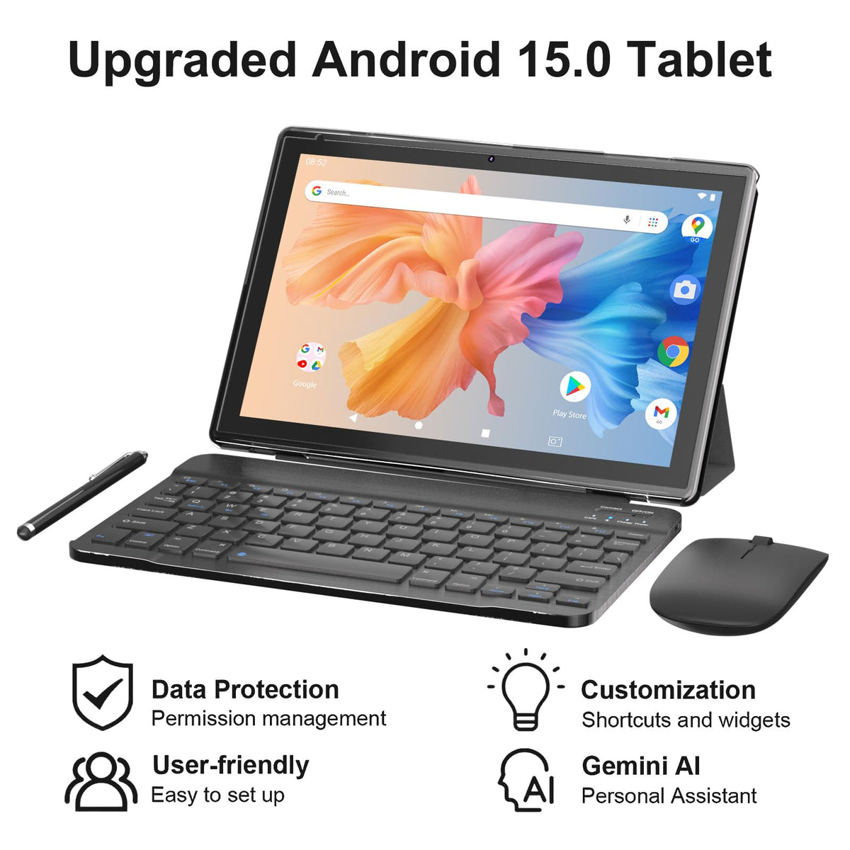 Android 14 2 in 1 Tablet with Keyboard 10 inch 8GB+64GB Black J69760