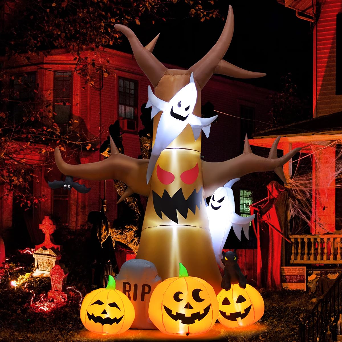 12 FT Halloween Inflatable Tree with Pumpkin Ghost Tombstone Built-in LEDs W33198