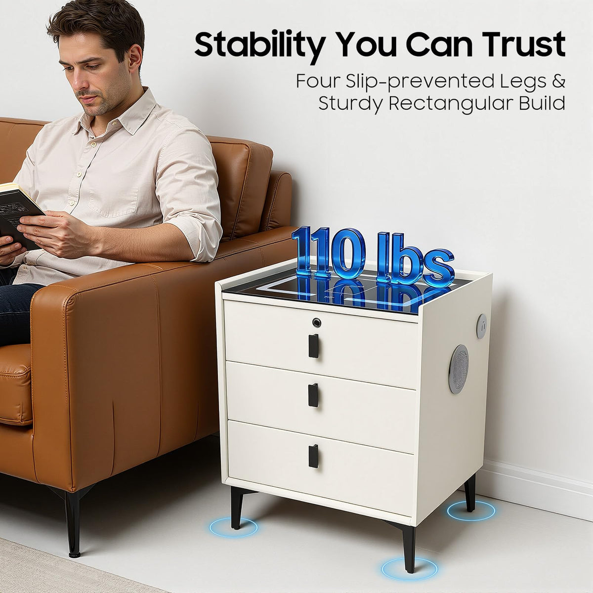 Beige White 3 Drawer Nightstand with Wireless Charging G785