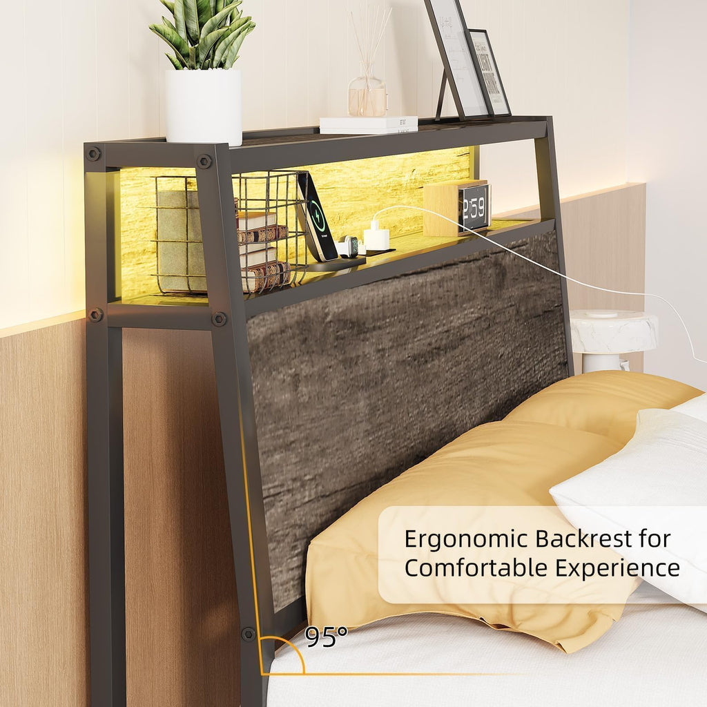 Grey Twin Metal Platform Bed Frame with Storage Headboard B11989