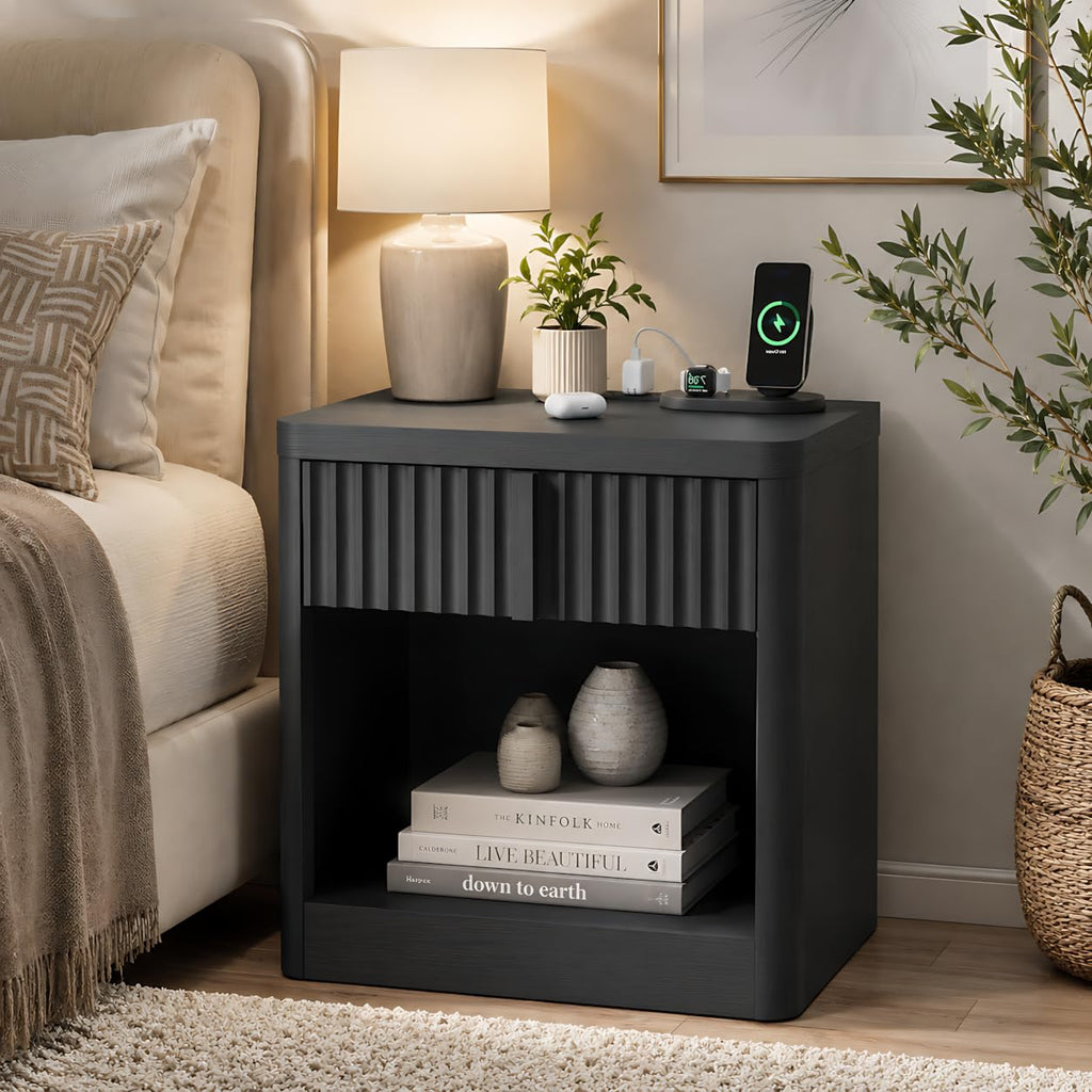 23.6" Fluted Nightstand with Charging Station, Black X288
