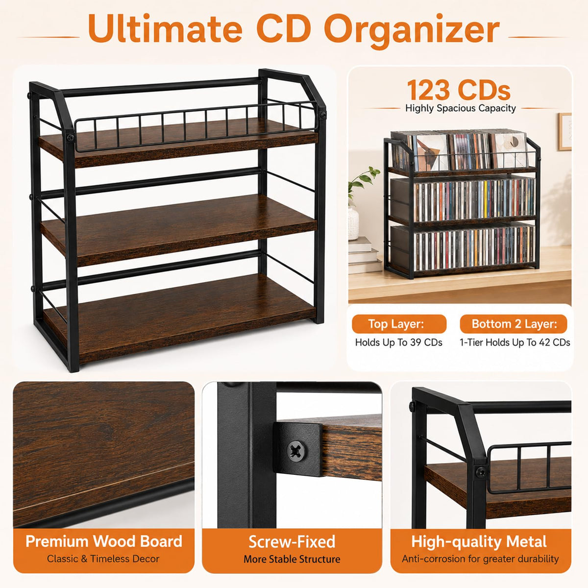 3-Tier Metal and Wood CD Storage Rack Q879618