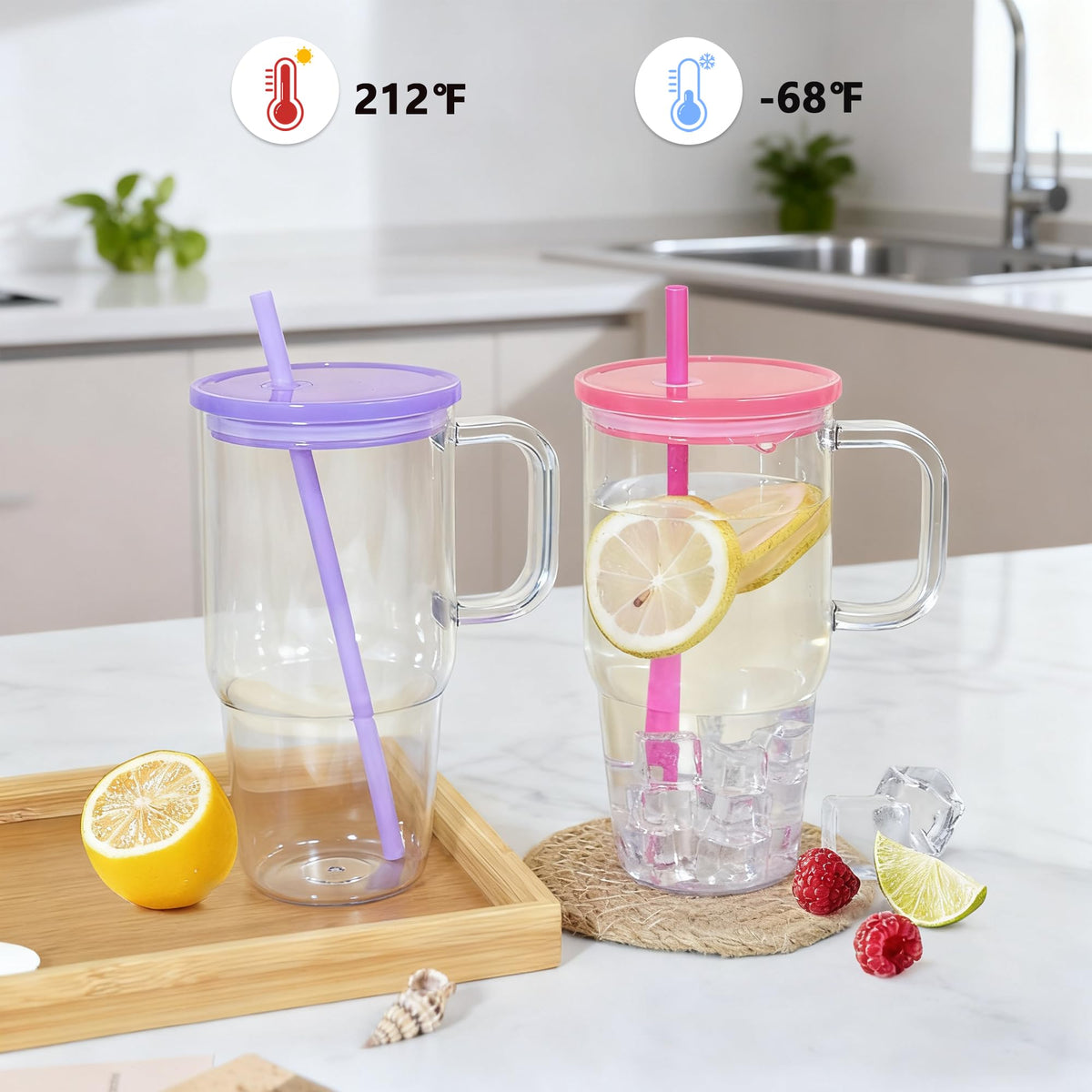 20oz 2Pack Clear Plastic Tumbler with Handle Lid and Straw M127628