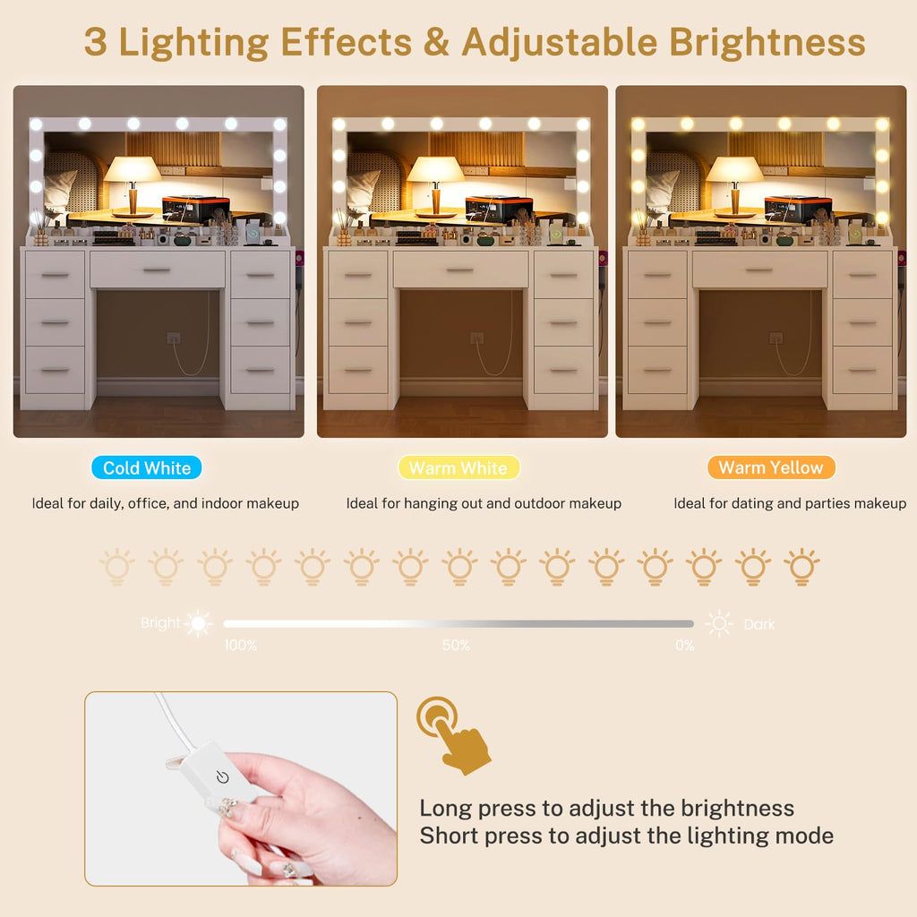 White Vanity Desk with 12 LED Lights and 7 Drawers Z927