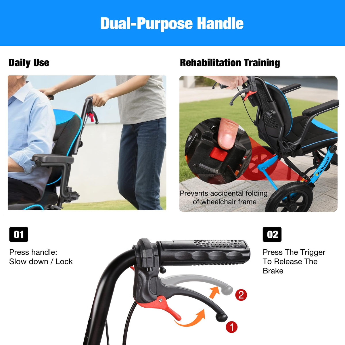 Lightweight Foldable Transport Wheelchair with Telescopic Handle, 16-Inch Seat, Blue A10396