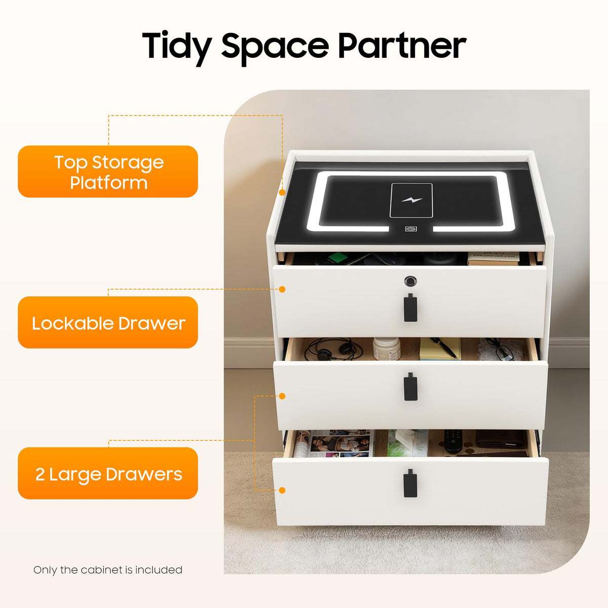Beige White 3 Drawer Nightstand with Wireless Charging G785