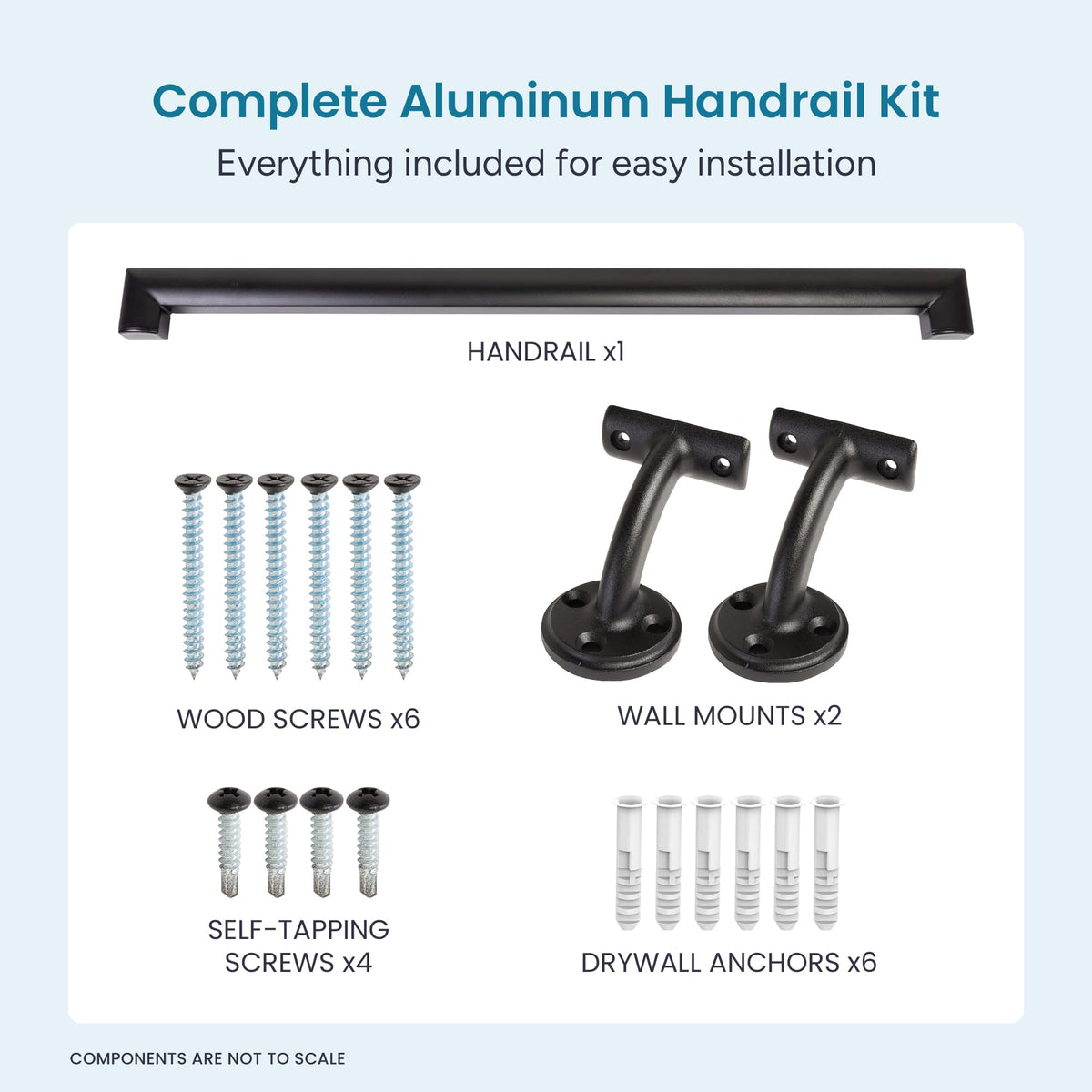 Aluminum Handrail Kit with Wall Mount Brackets, Black Textured, 3' Length O925