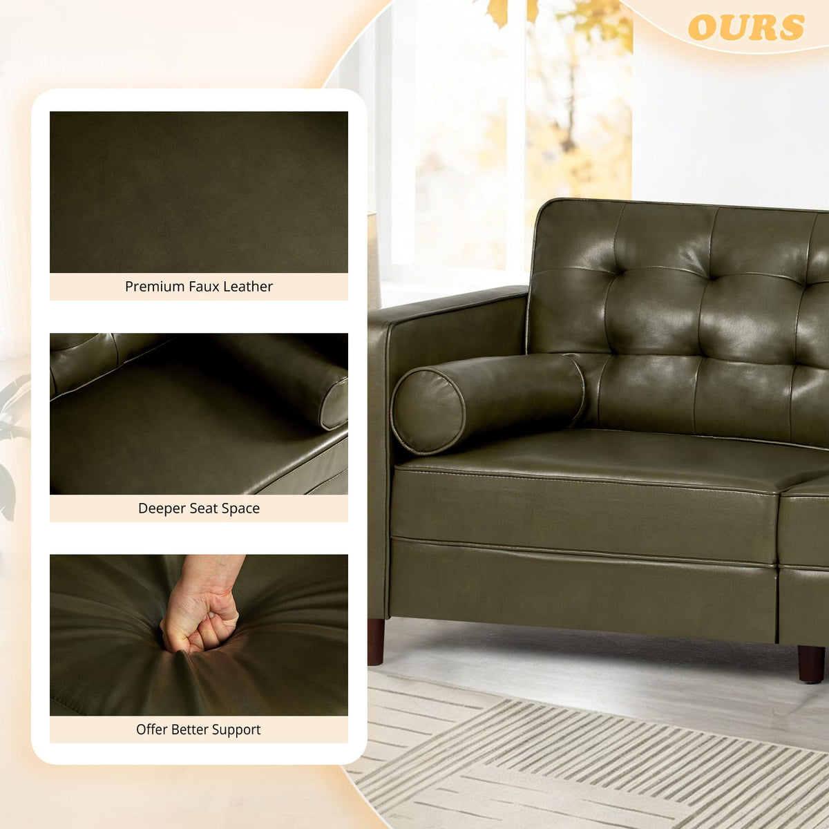 67" Olive Green Faux Leather 2-Seater Sofa with Bolster Pillows K60892