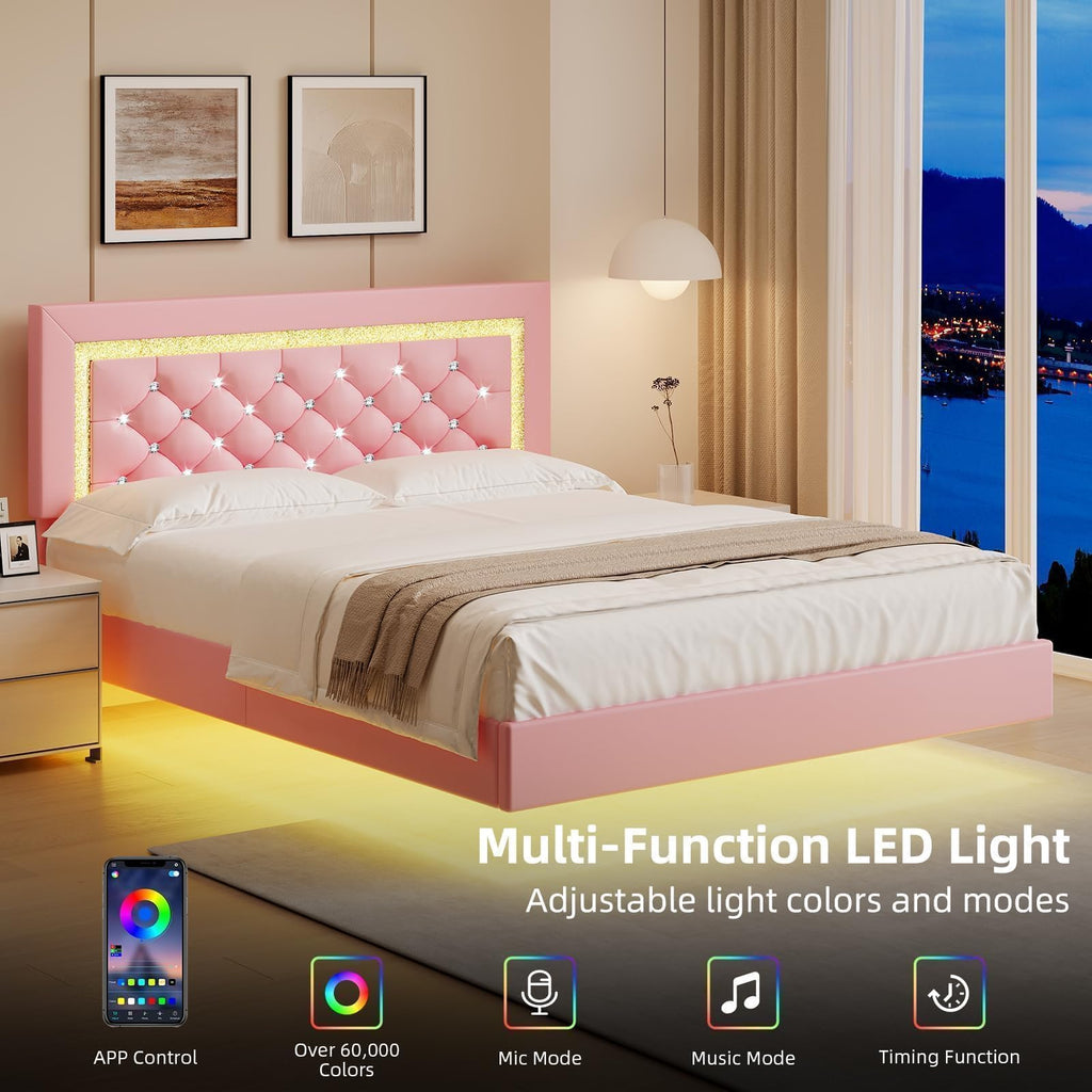 Pink Full Floating Bed Frame with LED Lights and Diamond Headboard U958052