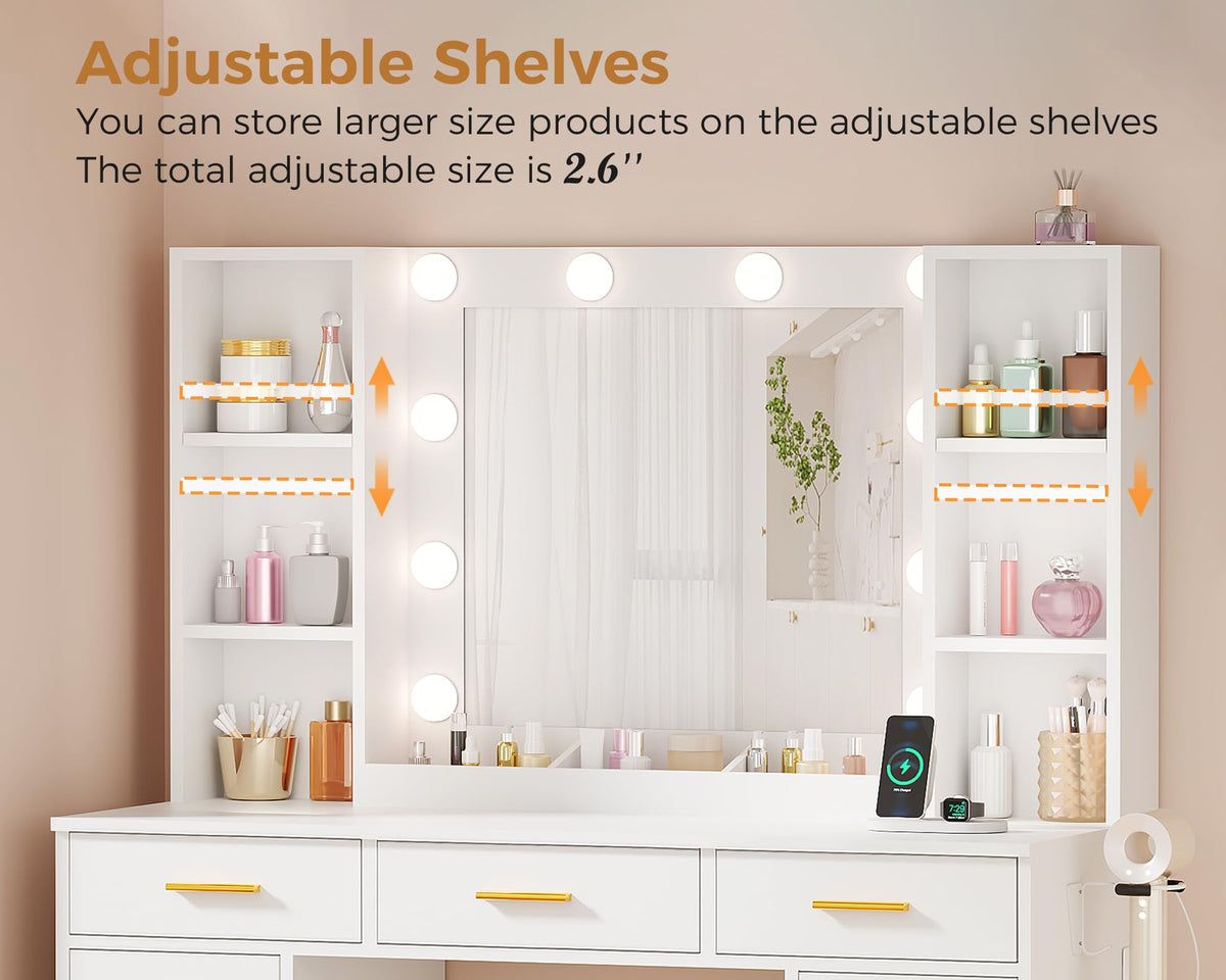 11 Drawer Makeup Vanity Desk with Mirror and Lights, Stool F146