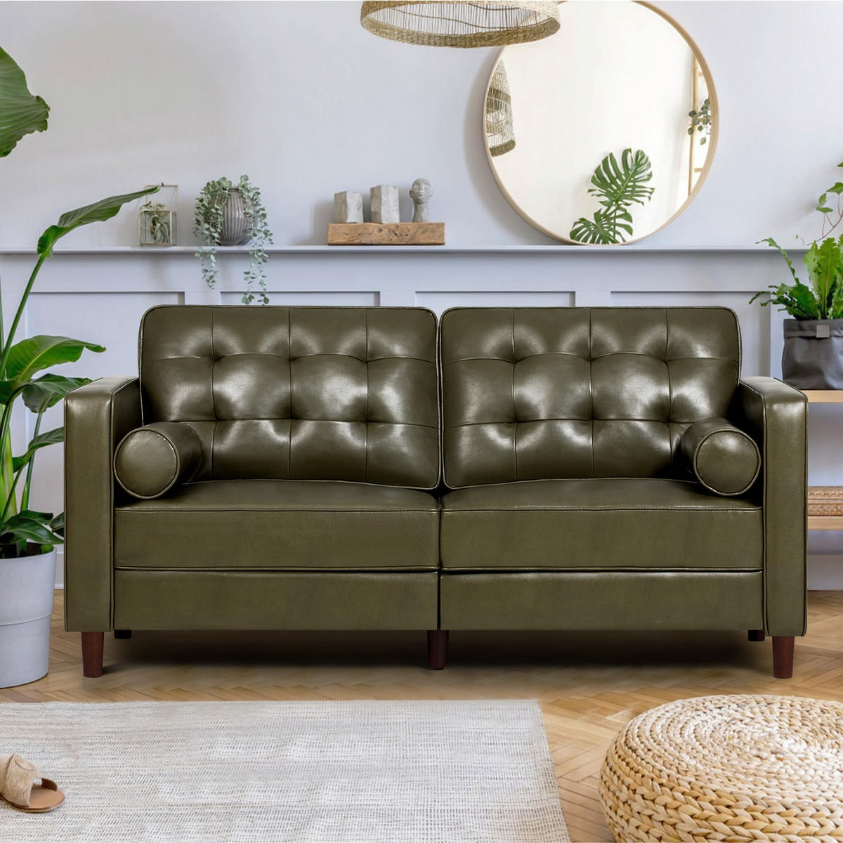 67" Olive Green Faux Leather 2-Seater Sofa with Bolster Pillows K60892