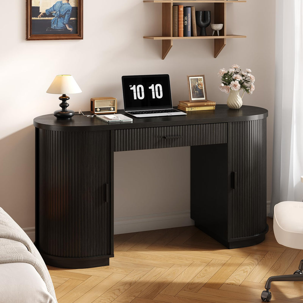 58" Fluted Executive Desk with Storage Drawer, Black V9810