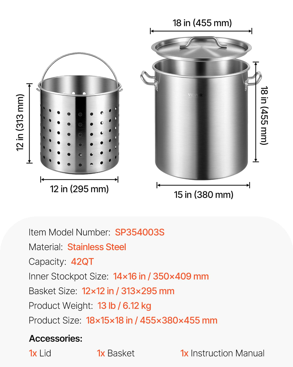 42 Quart Stainless Steel Stockpot with Strainer and Lid W38442