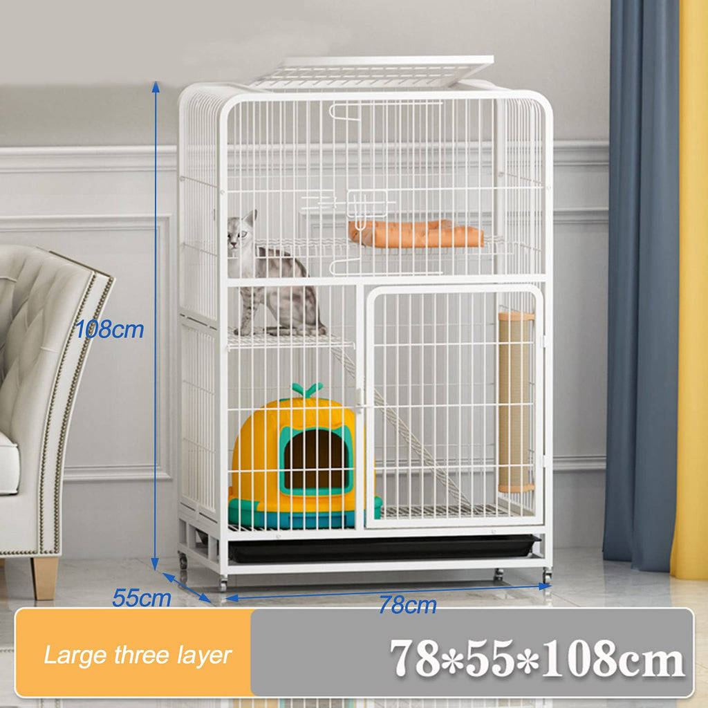 3-Tier Metal Wire Cat Cage with Hammock and Casters O617182