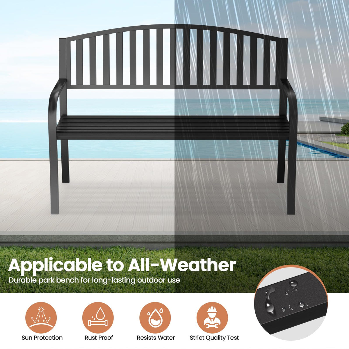 Black Wrought Iron Garden Bench with Armrests R3692