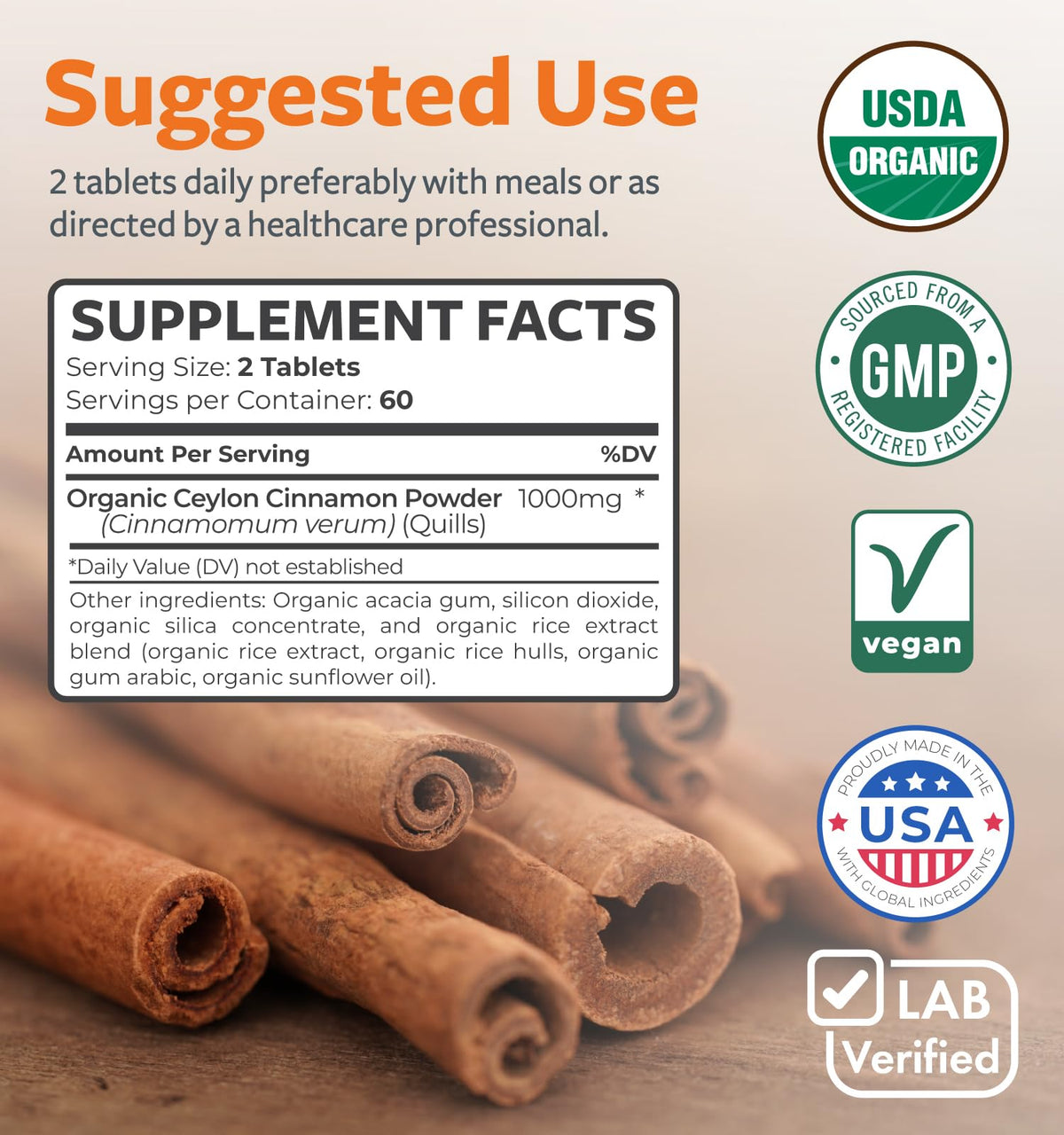 USDA Organic Ceylon Cinnamon 1000mg Vegan Non-GMO Supplement Y50261