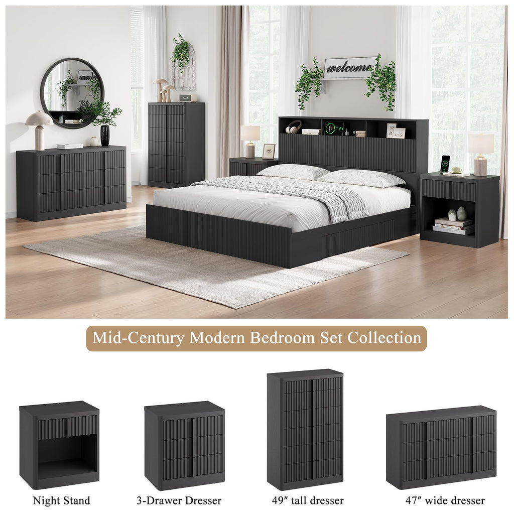 23.6" Fluted Nightstand with Charging Station, Black X288
