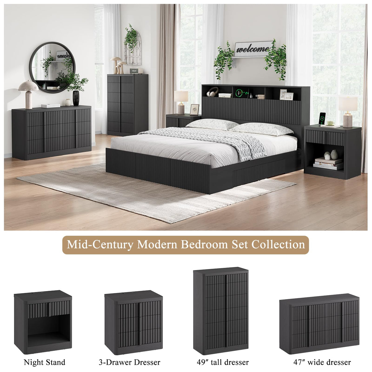 23.6" Fluted Nightstand with Charging Station, Black X288
