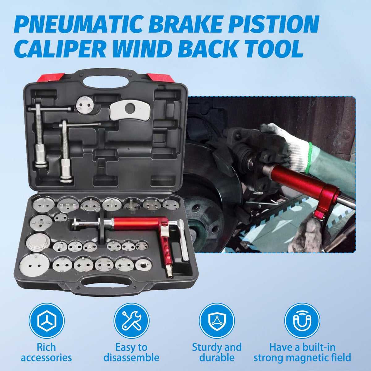 28-Piece Heavy Duty Pneumatic Brake Caliper Compression Tool Set with 23 Adapters A3371