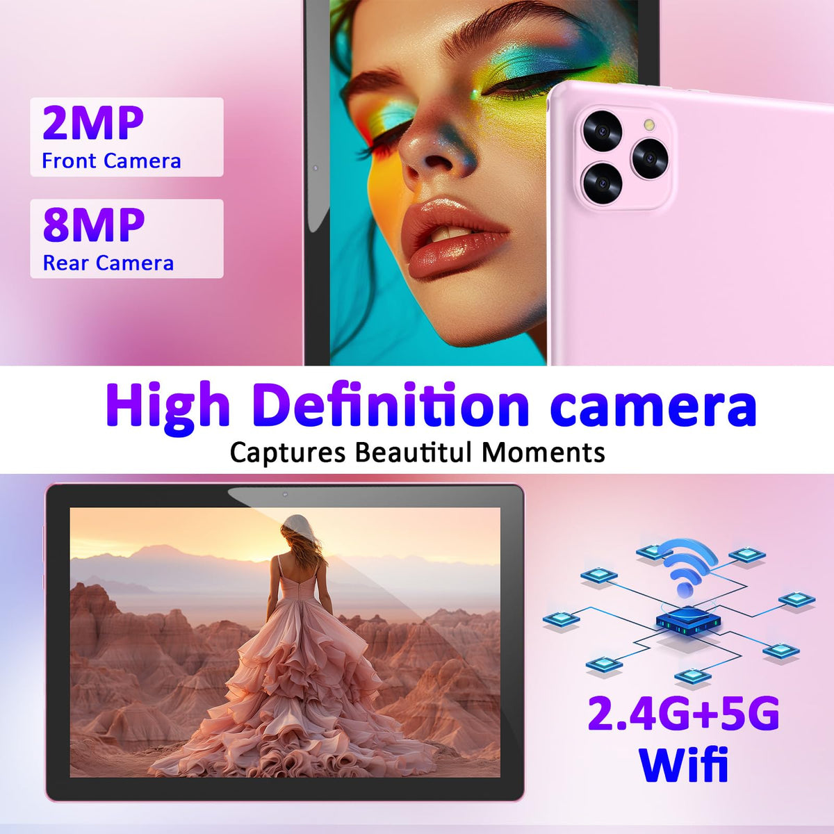 Android 16 10 Inch Tablet 12GB RAM 64GB ROM Pink Z353