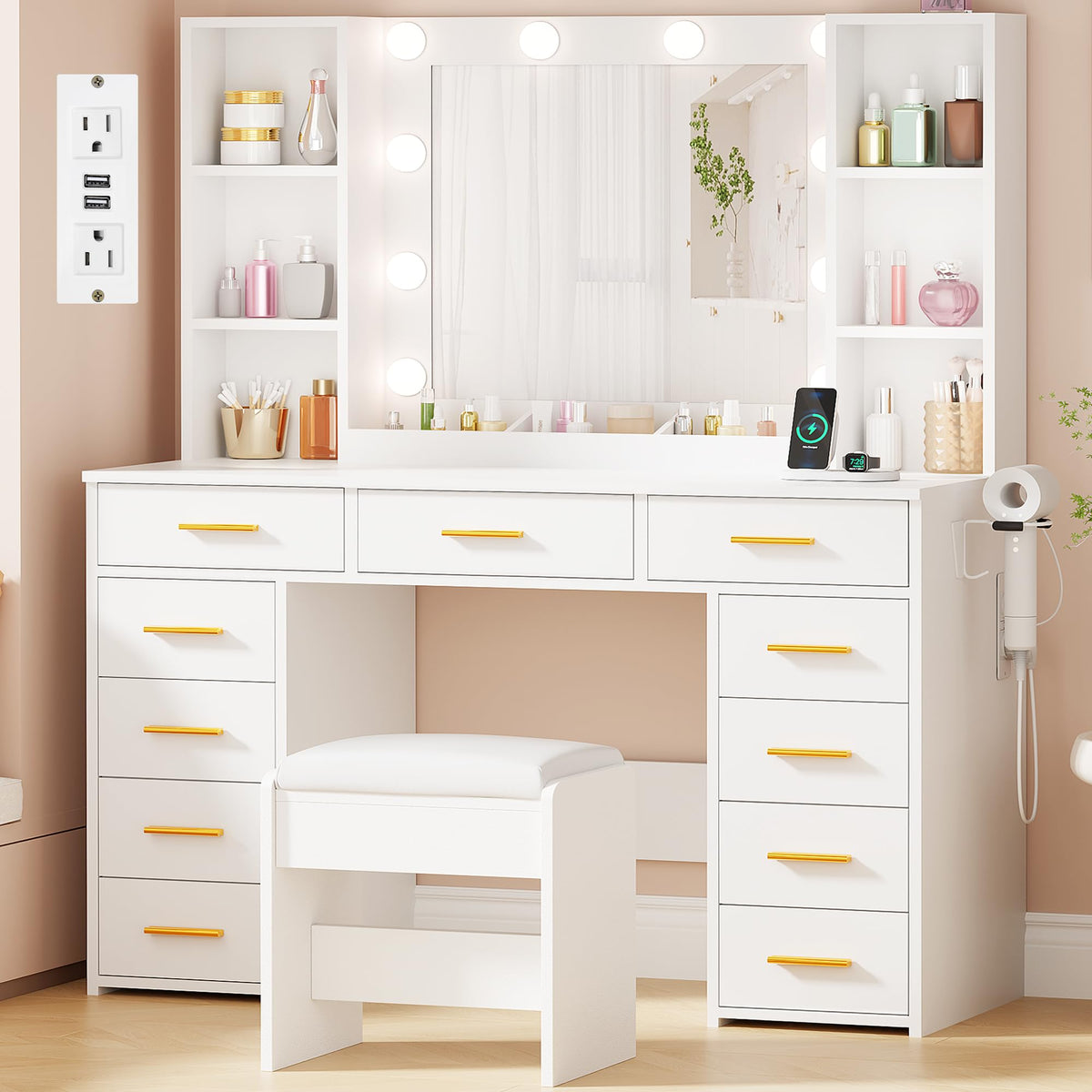 11 Drawer Makeup Vanity Desk with Mirror and Lights, Stool F146