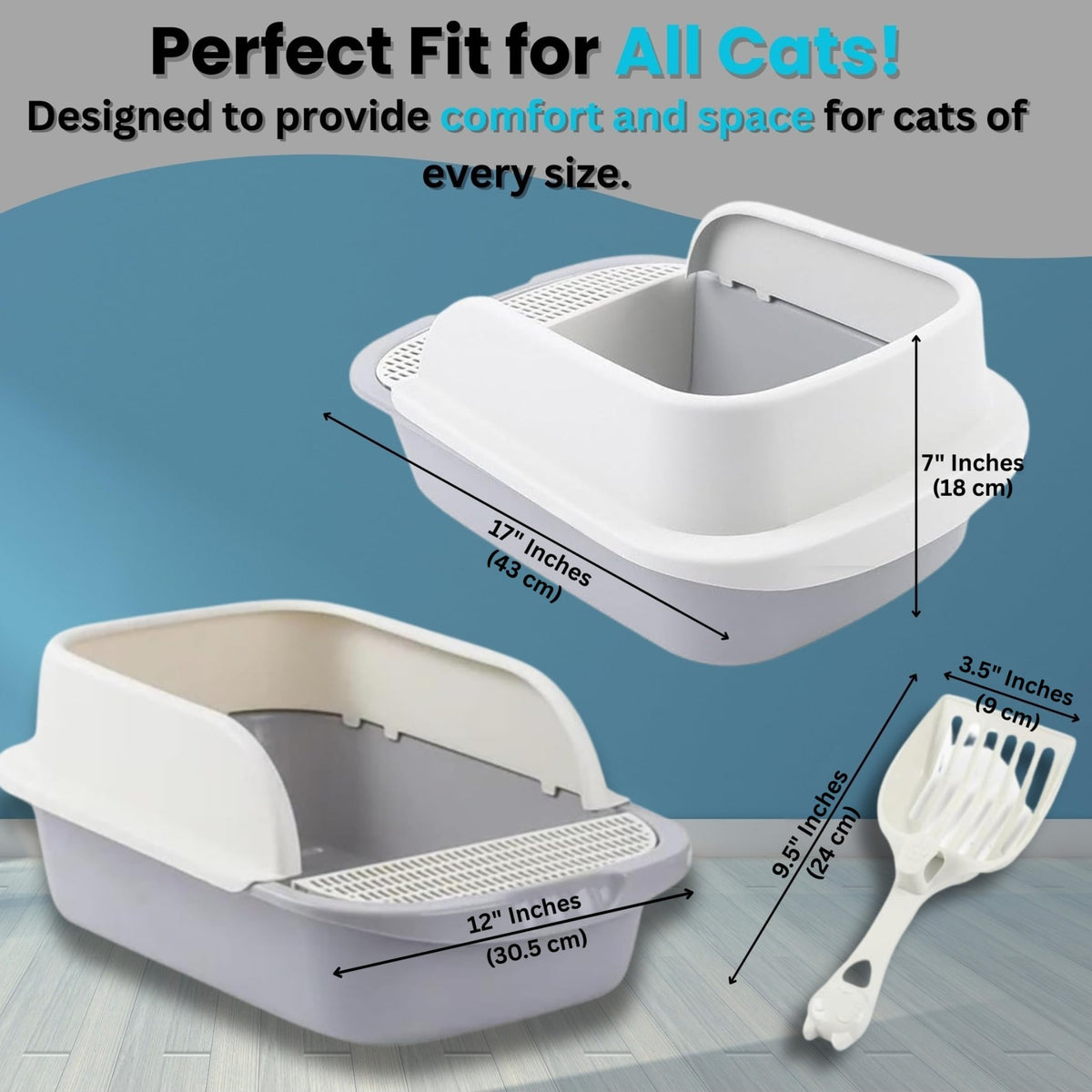 Large Open-Top Cat Litter Box with High Sides and Scoop I90490