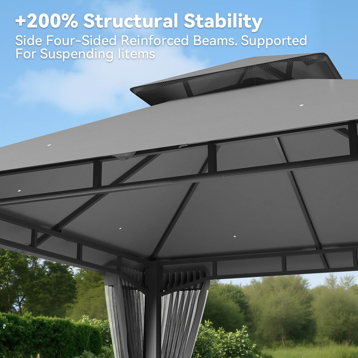 8'x8' Gray Gazebo with Double Roof & Mosquito Netting S46089