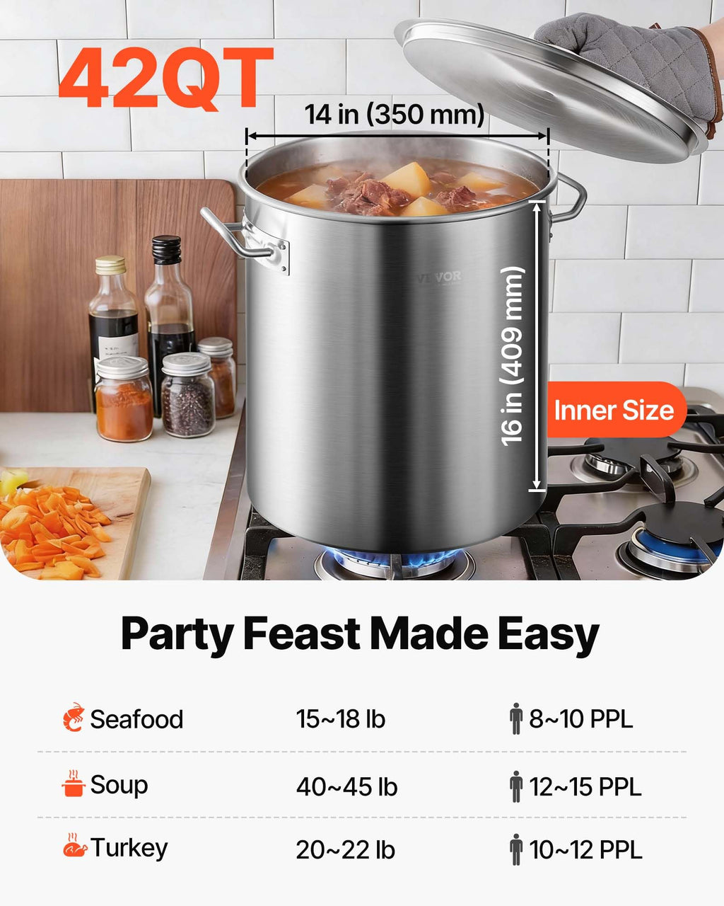 42 Quart Stainless Steel Stockpot with Strainer and Lid W38442