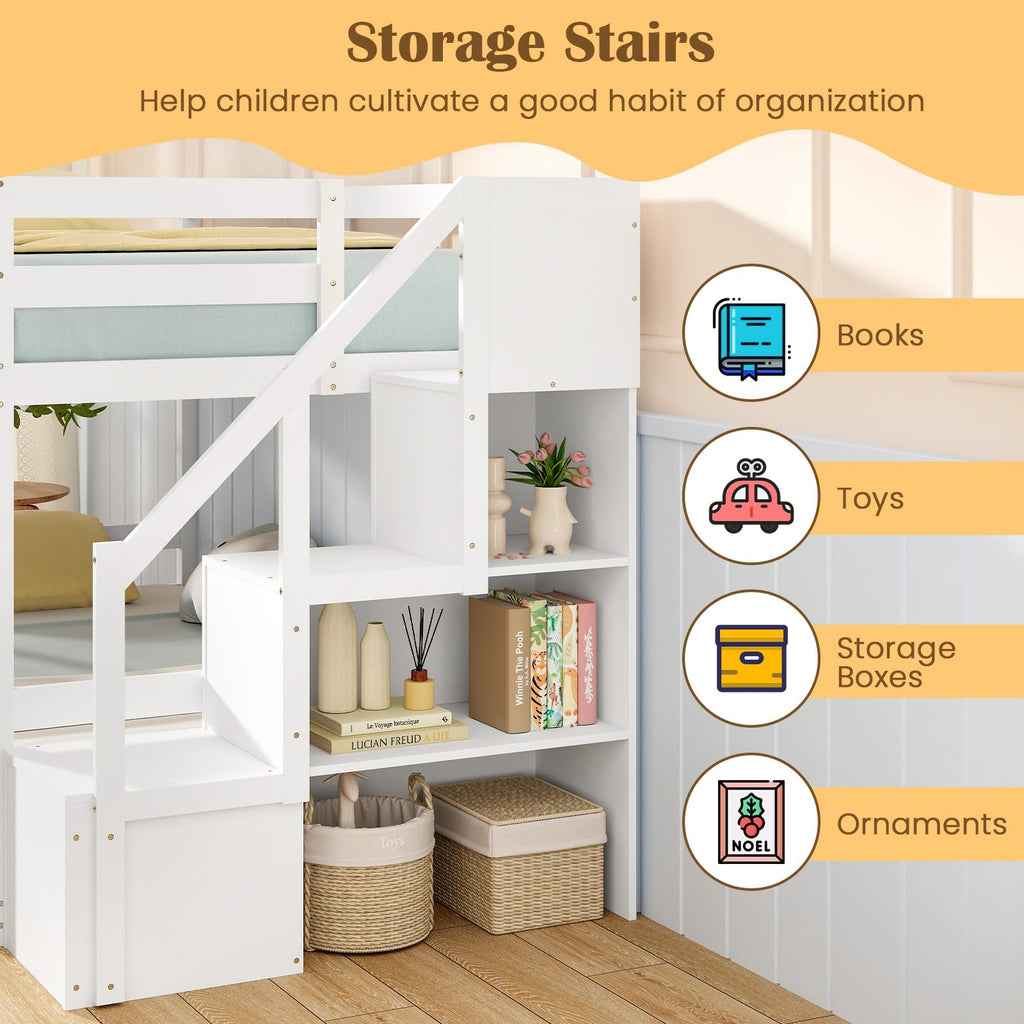 White Twin Over Twin Solid Wood Bunk Bed with Stairs H879