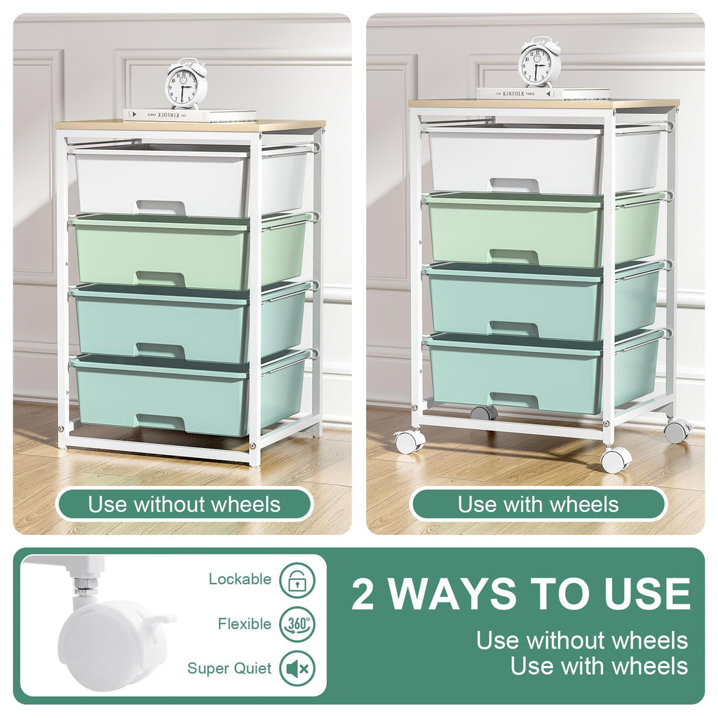 Rolling Cart with Drawers, 4-Drawer Utility Cart, Green X49717