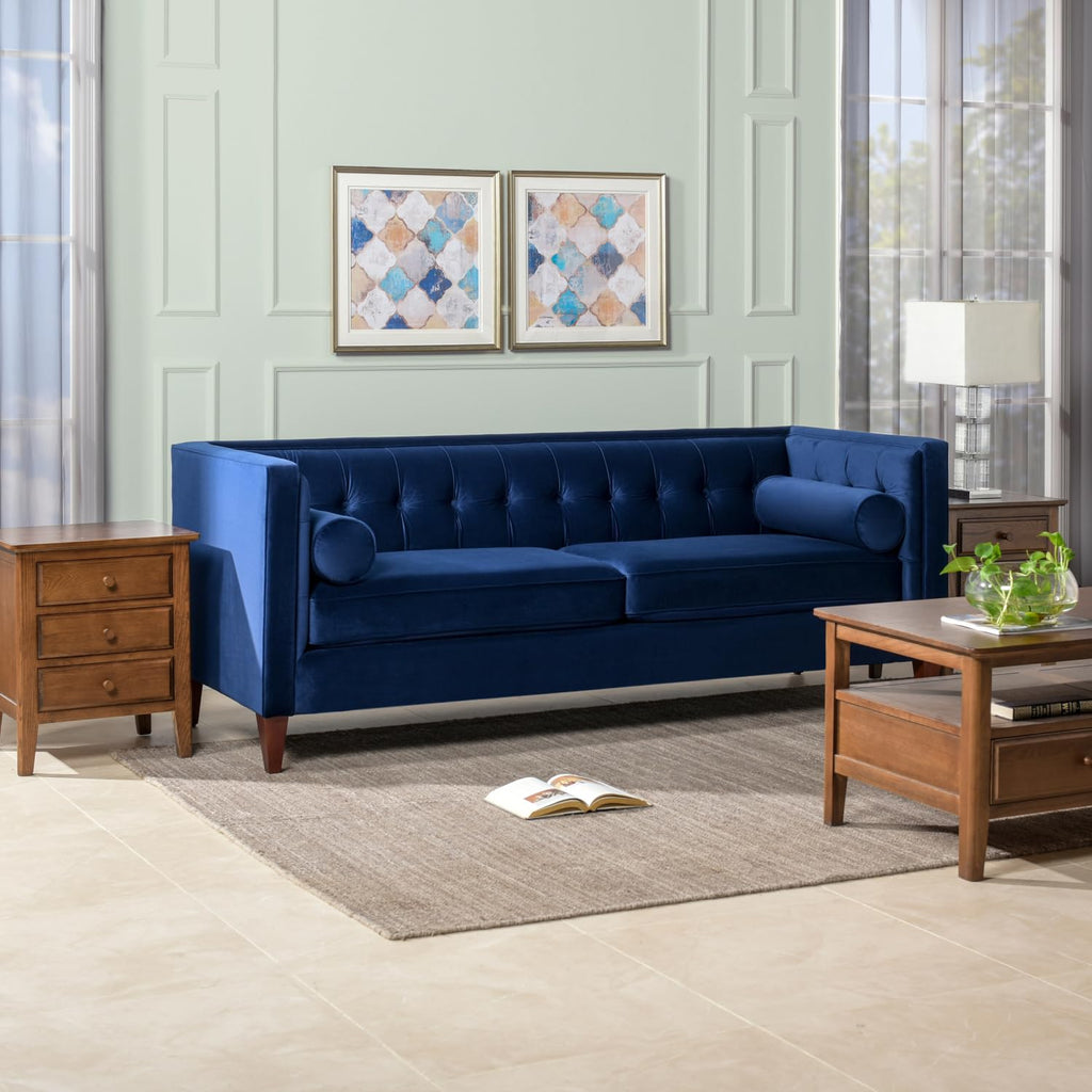 84" Tufted Navy Blue Velvet Sofa with Two Reversible Cushions F729