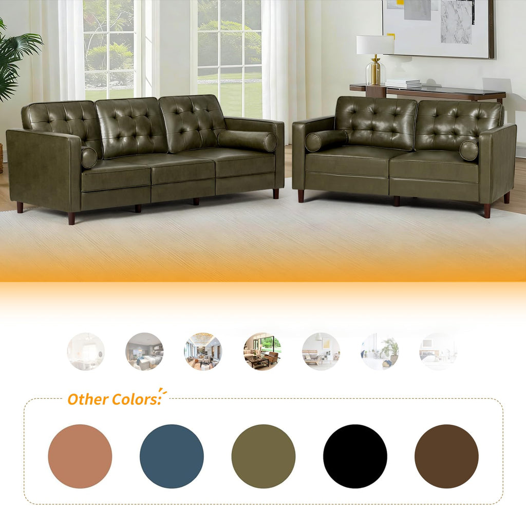 67" Olive Green Faux Leather 2-Seater Sofa with Bolster Pillows K60892