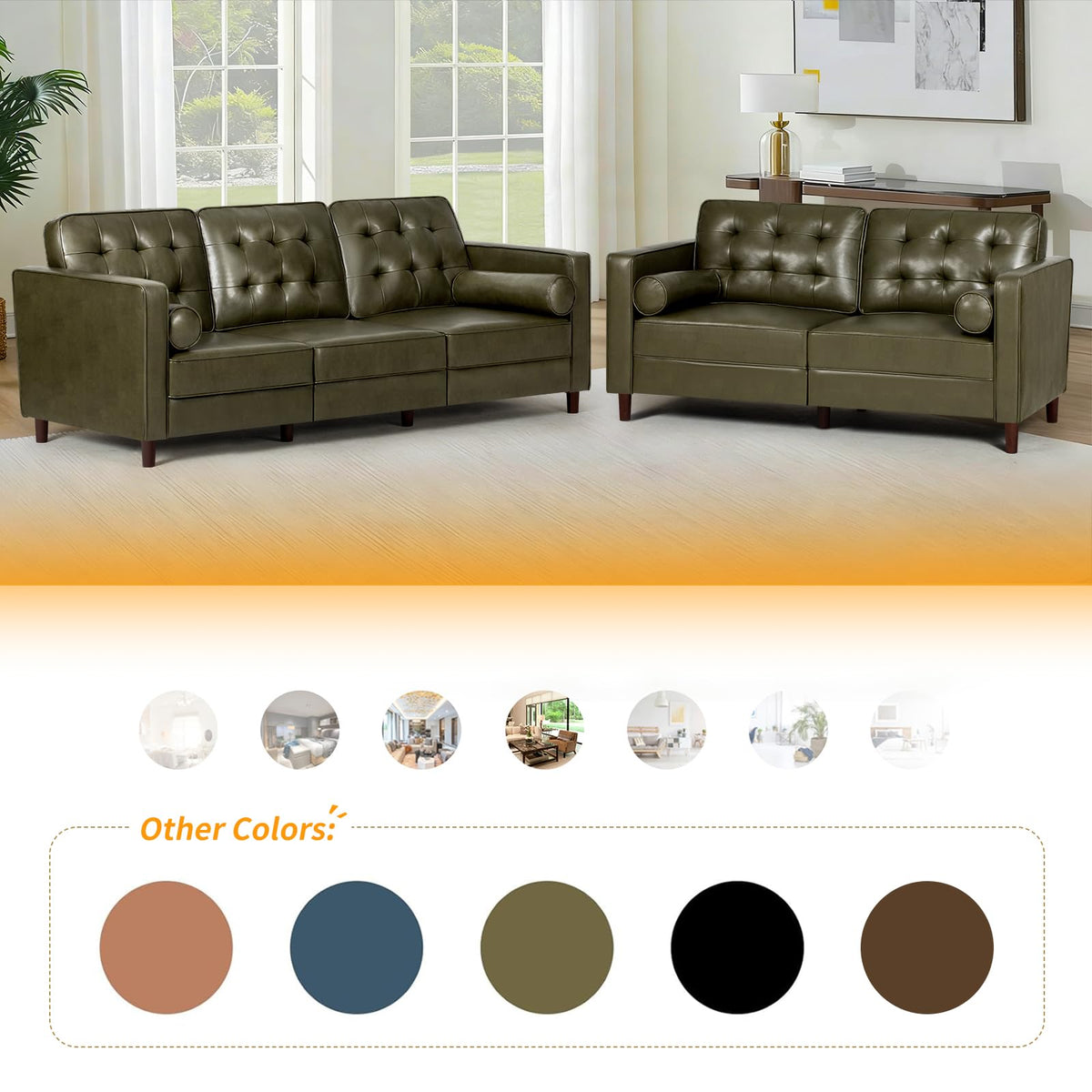 67" Olive Green Faux Leather 2-Seater Sofa with Bolster Pillows K60892