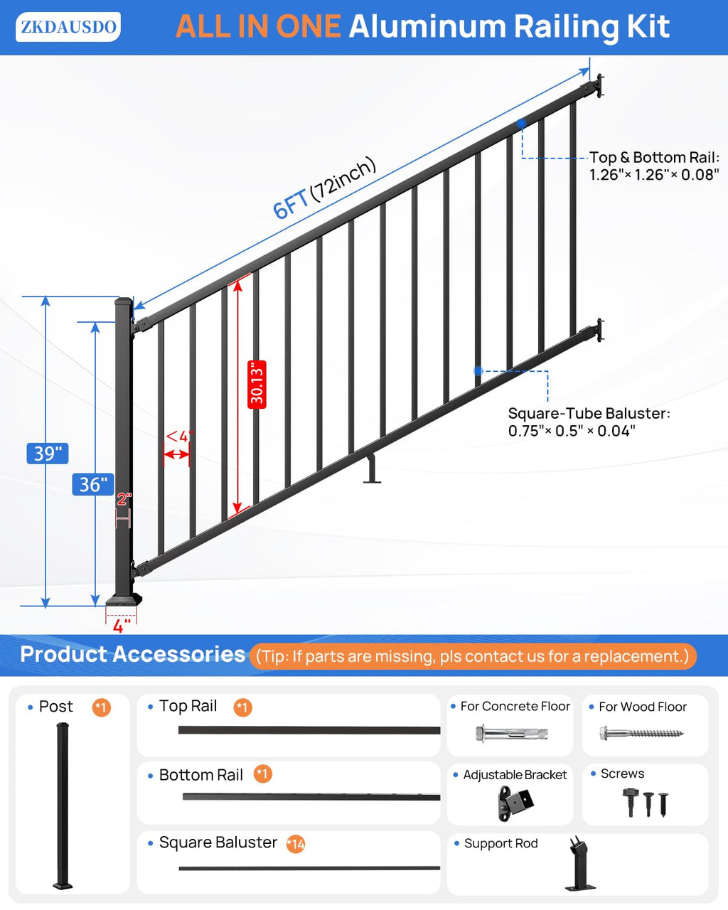 6 ft. W Aluminum Stair Railing Kit P434