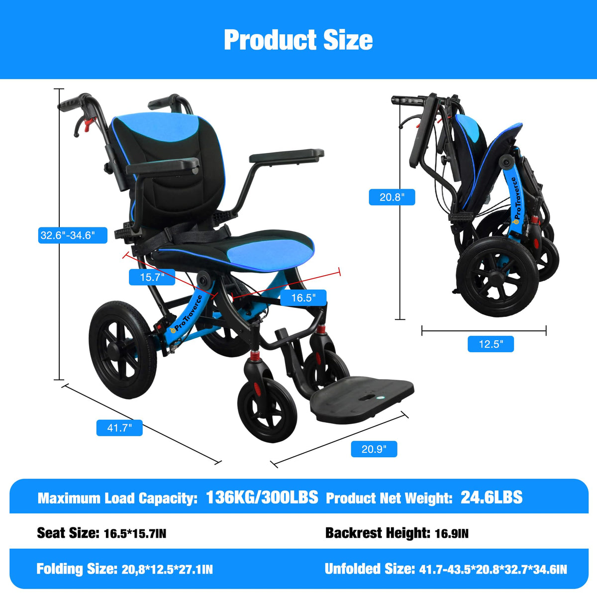 Lightweight Foldable Transport Wheelchair with Telescopic Handle, 16-Inch Seat, Blue A10396
