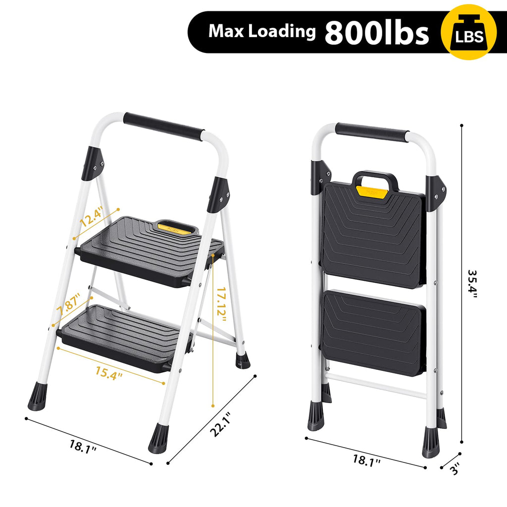 2 Step White Folding Ladder with Anti-Slip Pedals D89230