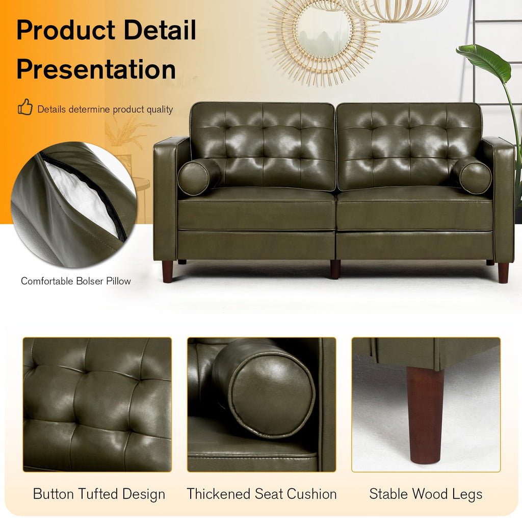 67" Olive Green Faux Leather 2-Seater Sofa with Bolster Pillows K60892
