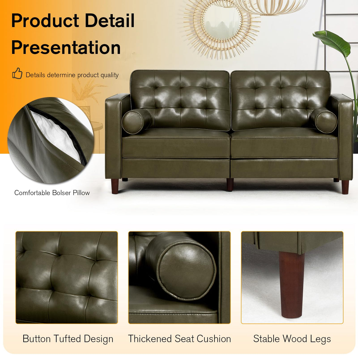 67" Olive Green Faux Leather 2-Seater Sofa with Bolster Pillows K60892
