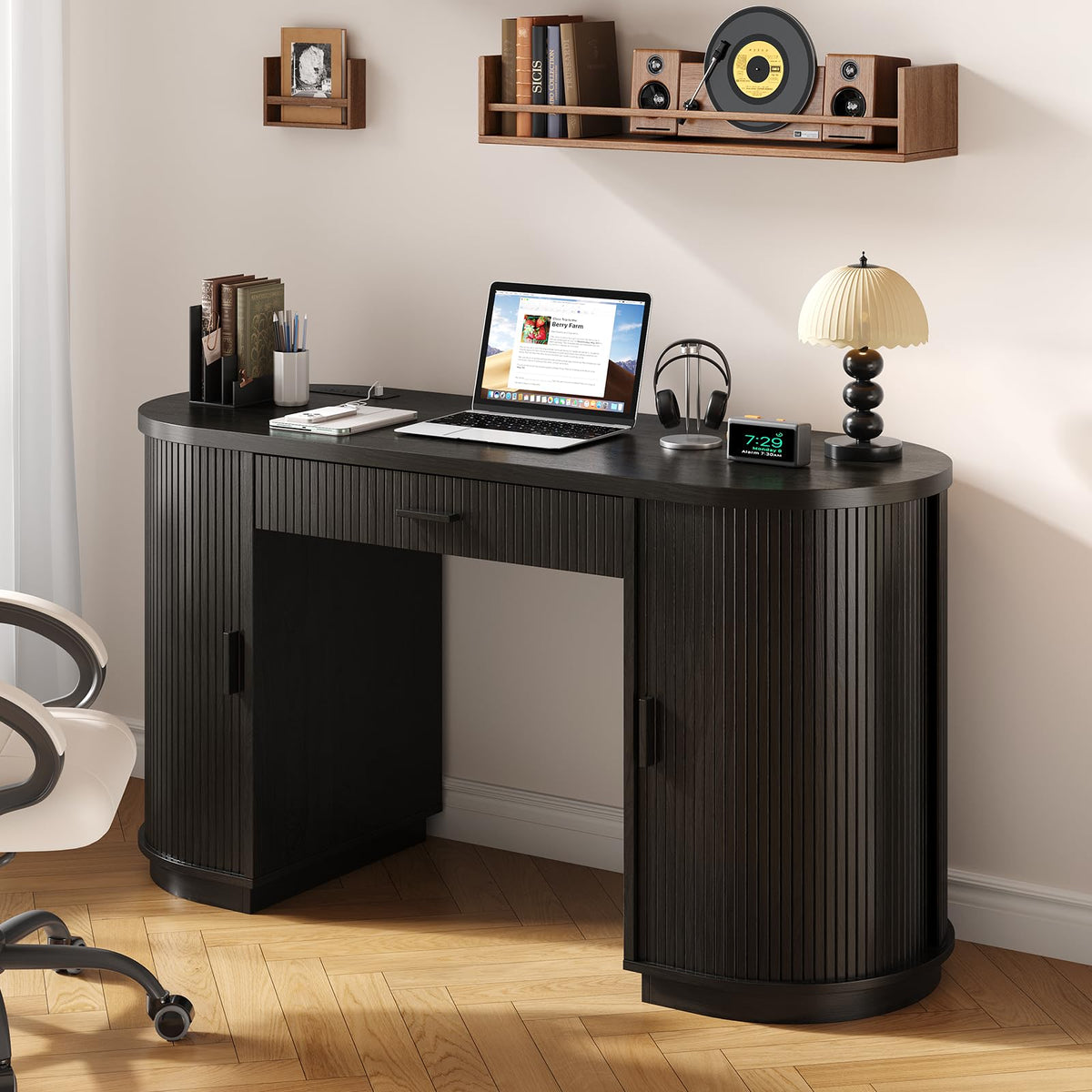 58" Fluted Executive Desk with Storage Drawer, Black V9810