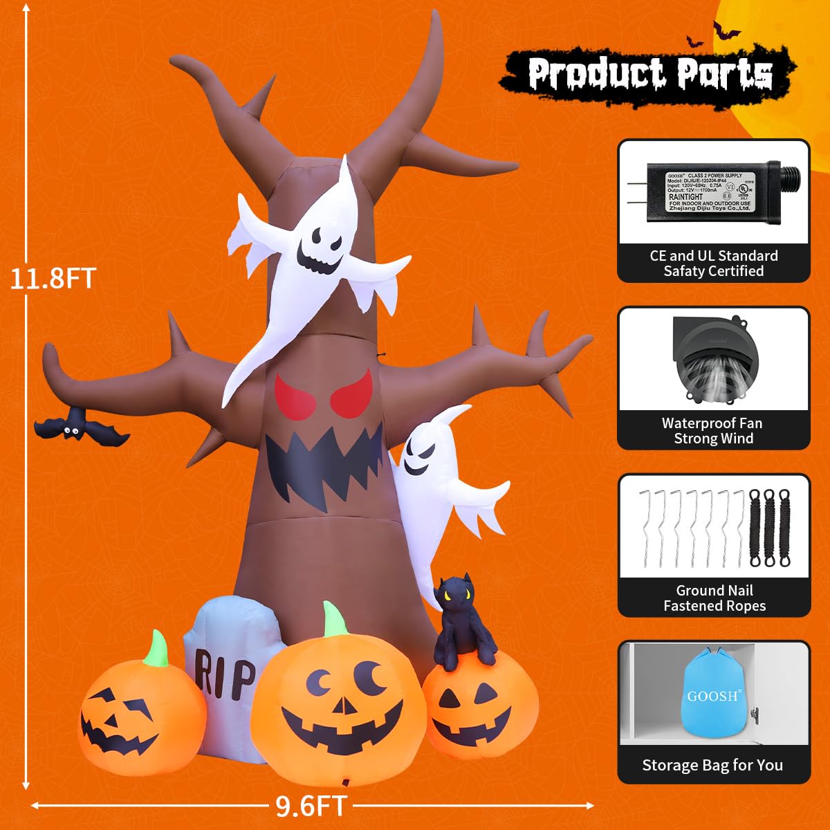 12 FT Halloween Inflatable Tree with Pumpkin Ghost Tombstone Built-in LEDs W33198