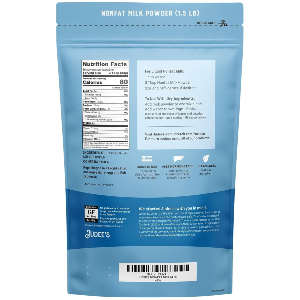 Gluten Free Non Fat Dry Powdered Milk 1.5 lb Y33004
