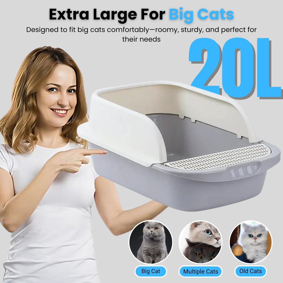 Large Open-Top Cat Litter Box with High Sides and Scoop I90490