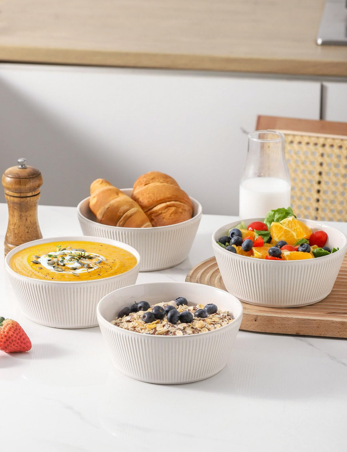 Ceramic Soup Bowls Set of 4, 6.3 inch Microwave Safe White M8625