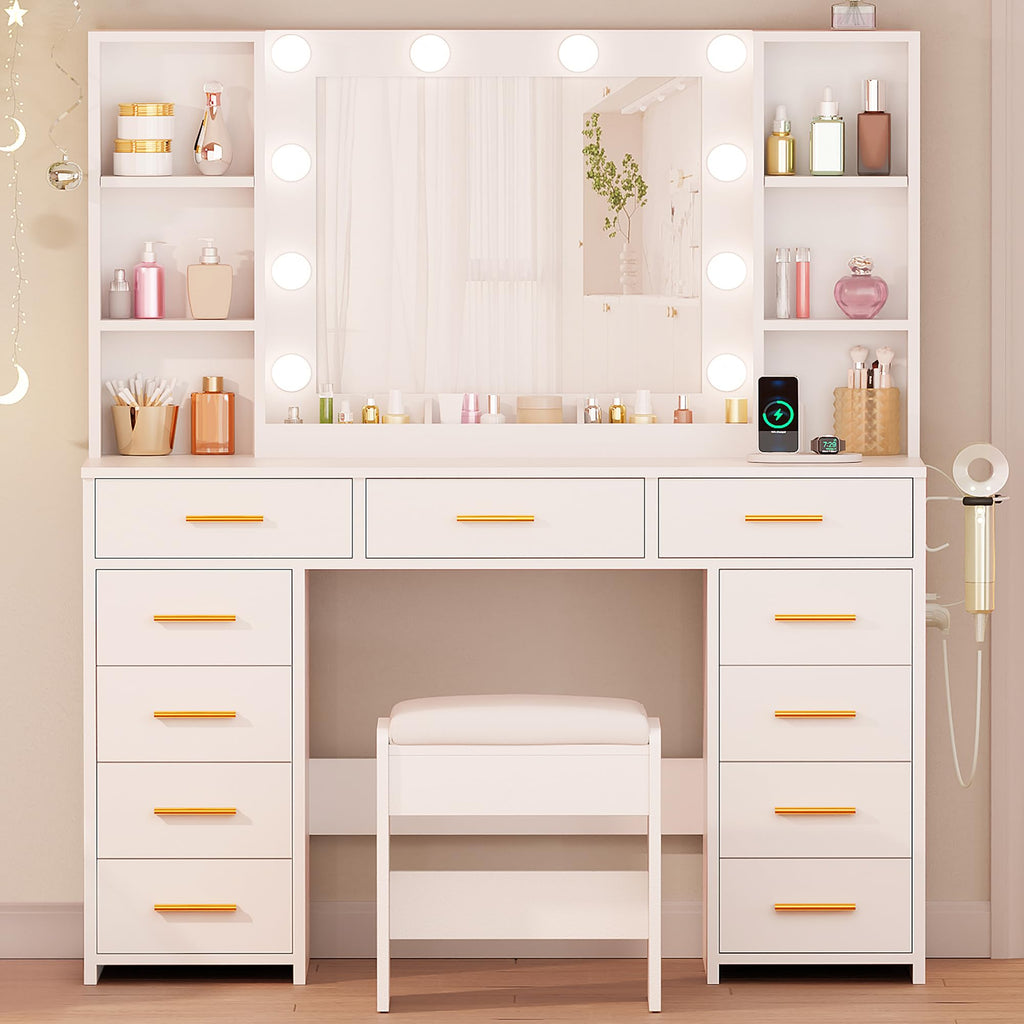 11 Drawer Makeup Vanity Desk with Mirror and Lights, Stool F146