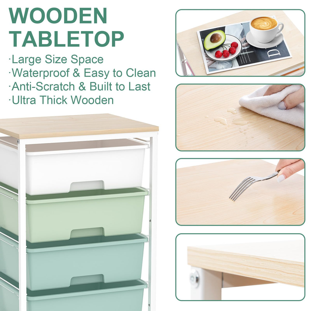 Rolling Cart with Drawers, 4-Drawer Utility Cart, Green X49717